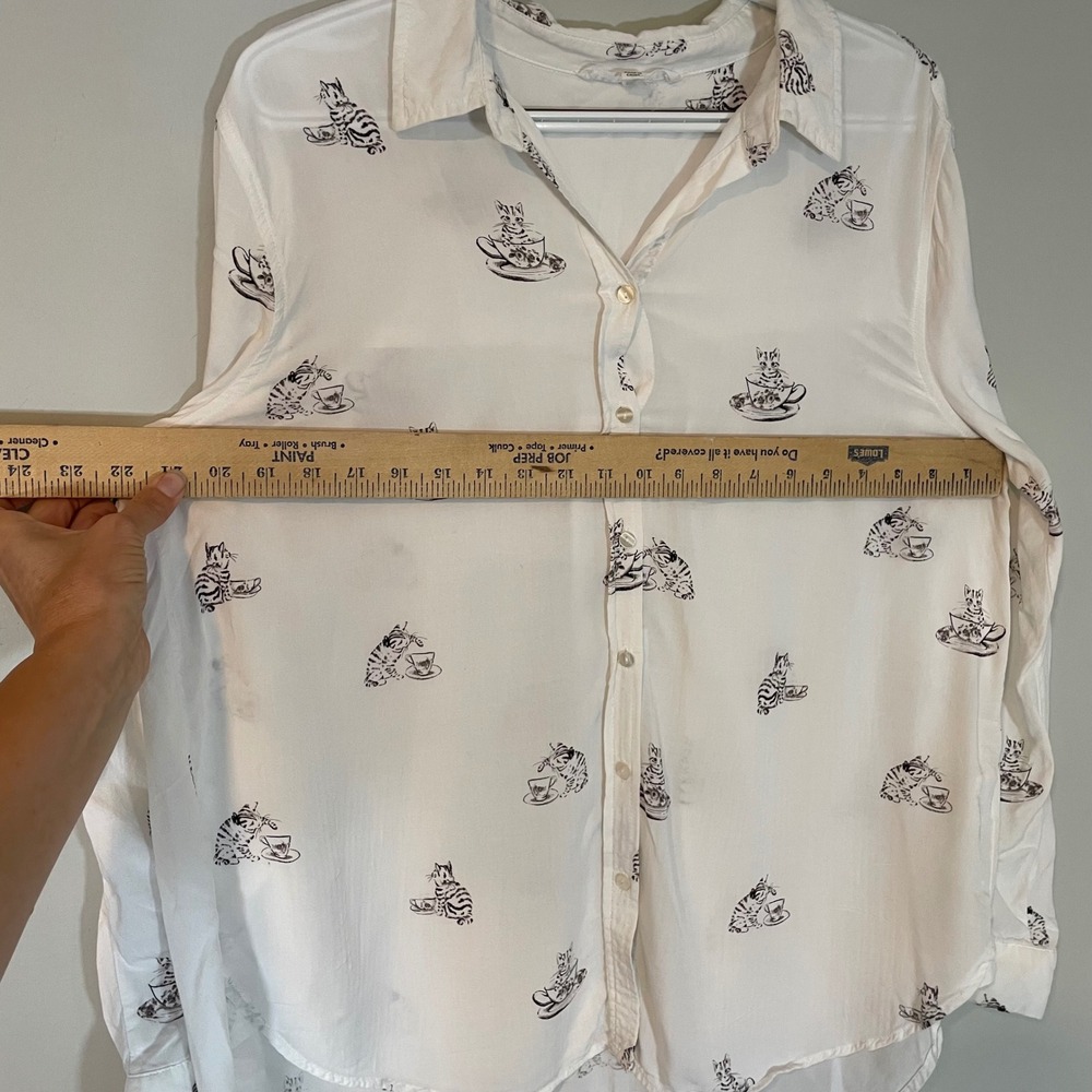 Jane Delancey White Cat Teacup Blouse XL High Low Roll Cuff 3/4 Sleeve Button - Picture 5 of 9